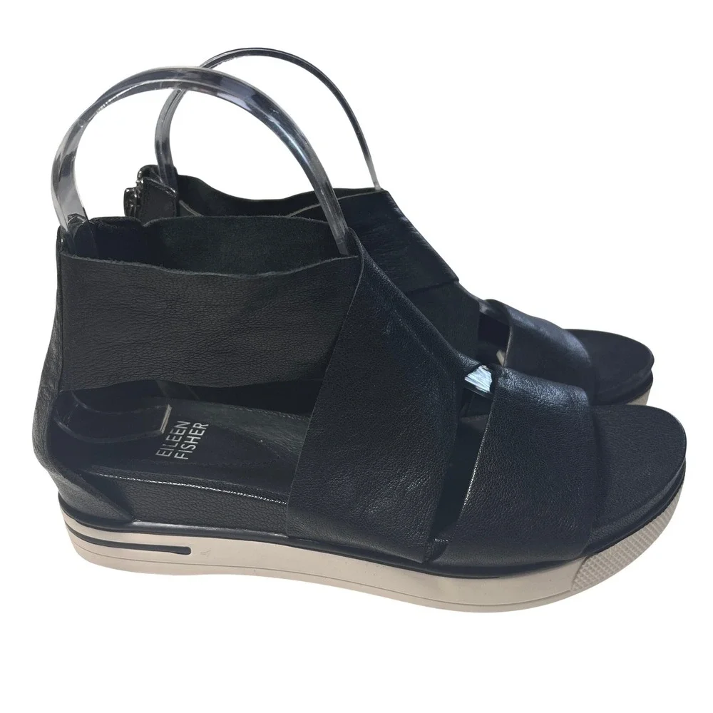 Eileen Fisher Sandals Women 6 Black Leather Platform Wedge Zip Back Gladiator
